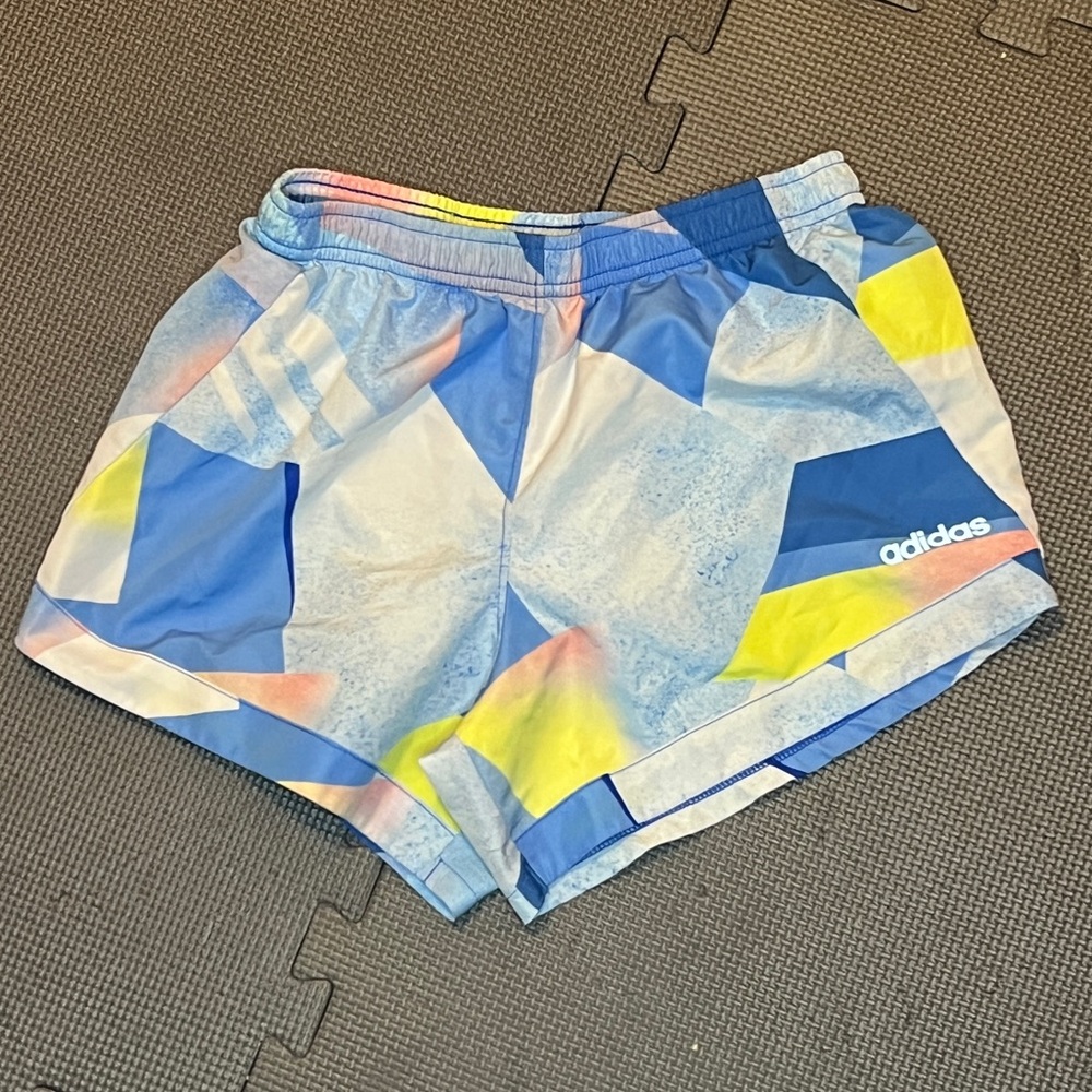Adidas Blue and Yellow Athletic Shorts with Geometric Design